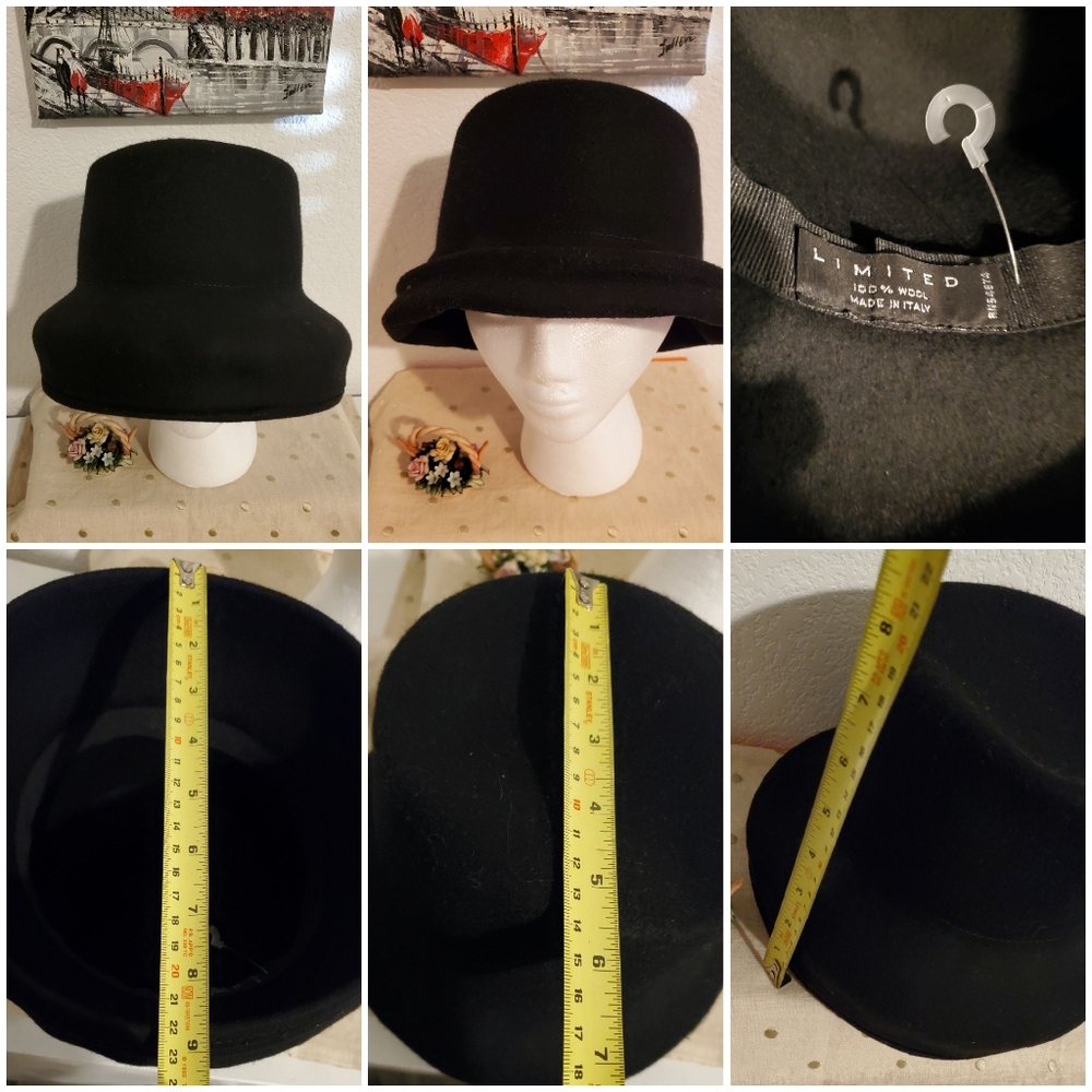 LIMITED- Fedora Men's Amish Fall Winter Bucket Top Hat 100% Wool Black 7"  Italy